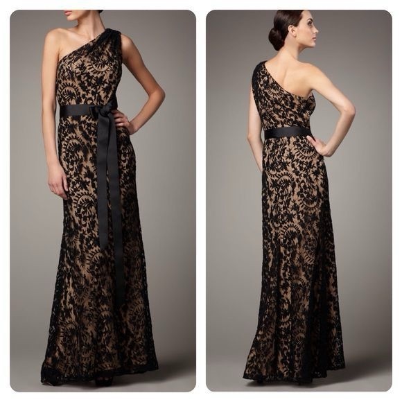 Tadashi Shoji Dresses & Skirts - Tadashi Shoji black lace nude lined one shoulder floor length formal gown size 4